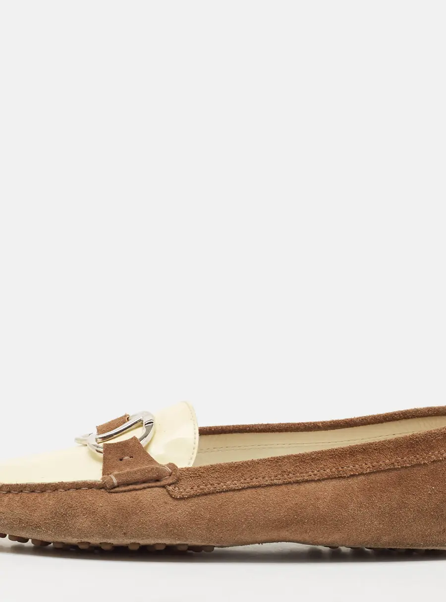 Tod's Brown/Cream Suede and Patent Leather Slip On Loafers Size 40
