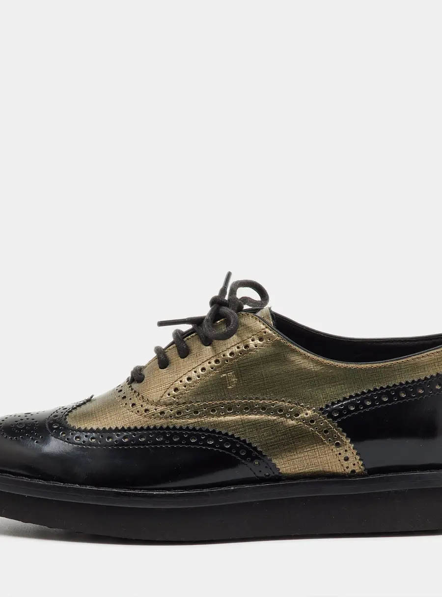 Tod's Black/Metallic Gold and Leather Brogue Wingtip Lace Up Oxfords Size 36