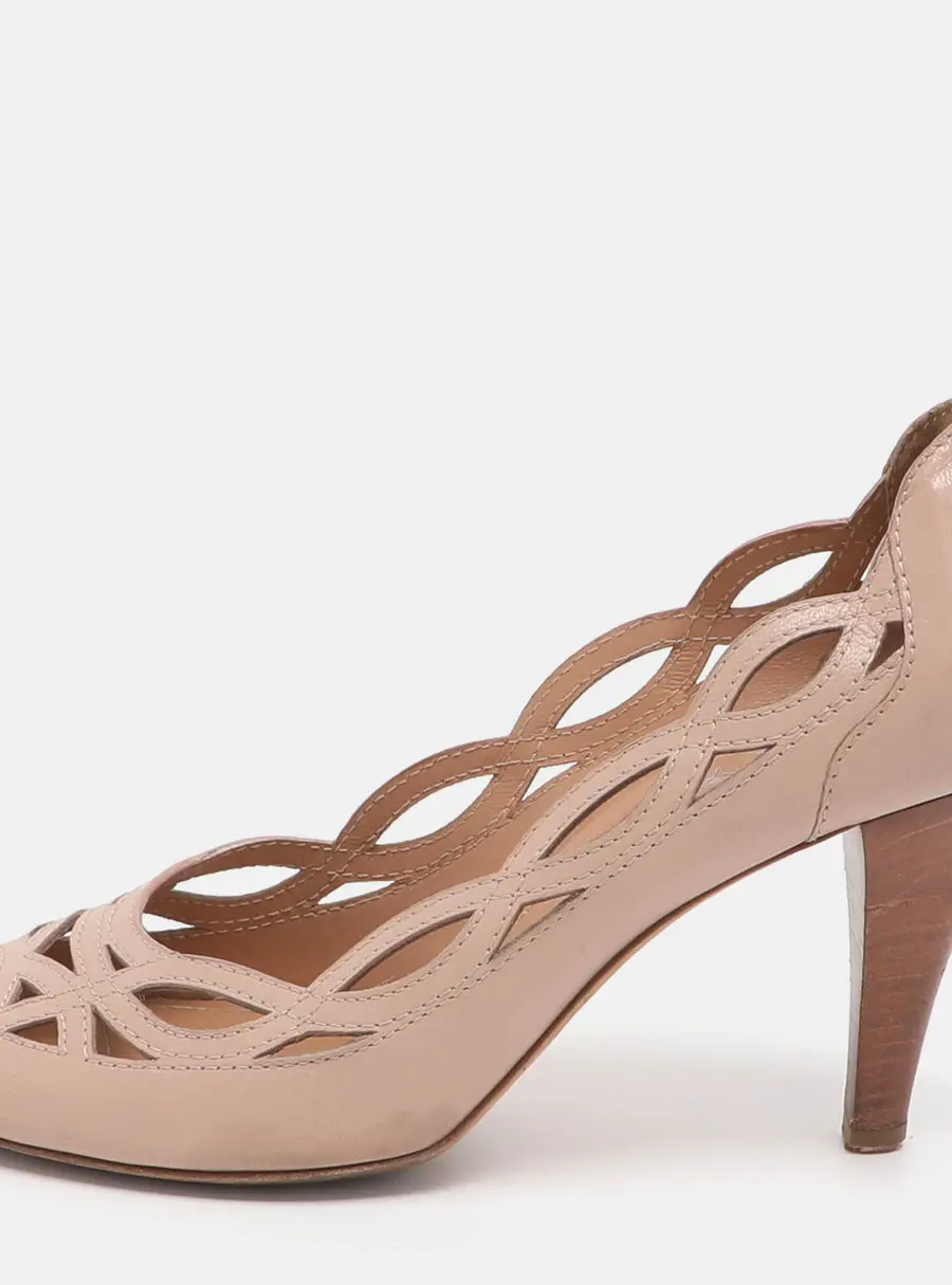 Tod's Size 37 Beige Cutout Patent Leather Peep Toe Pumps