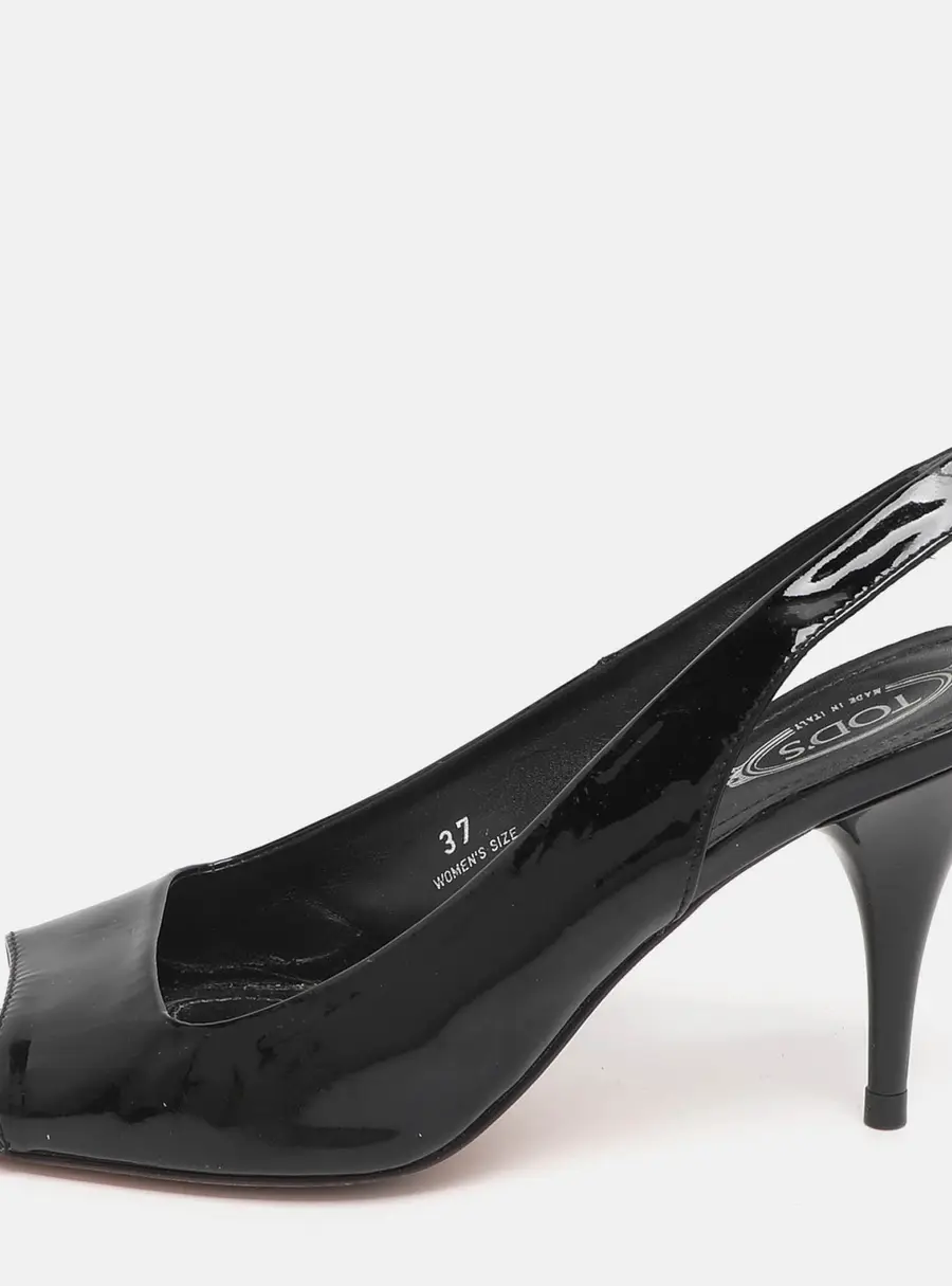 Tod's Size 37 Black Patent Leather Slingback Sandals