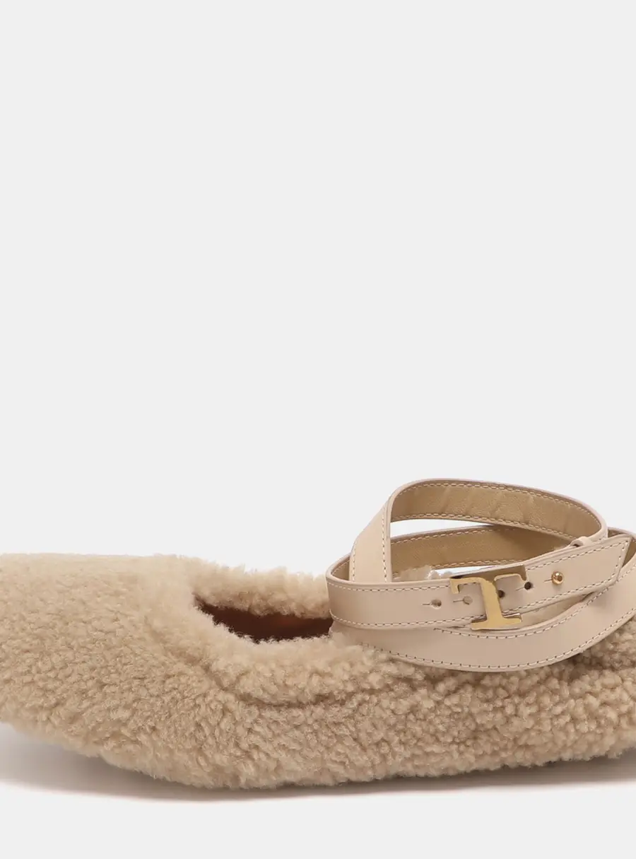 Tod's Bubble Size 38 Beige Shearling Fur Ballet Flats