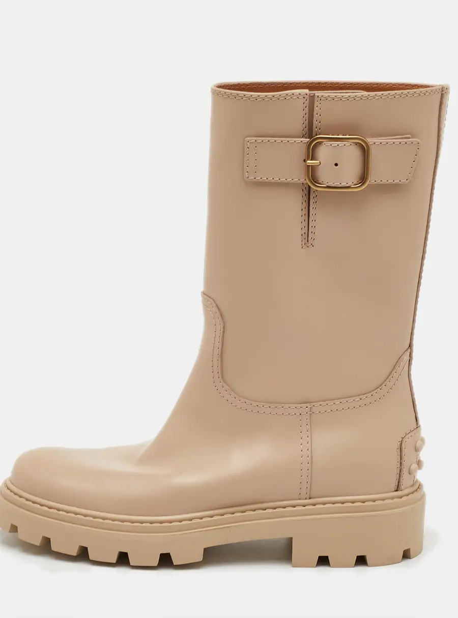Tod's Size 36.5 Beige Smooth Leather Buckle Detail Mid Calf Boots