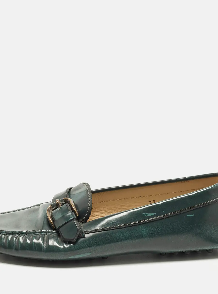 Tod's Size 37 Green Patent Leather Driver Buckle Detail Loafers