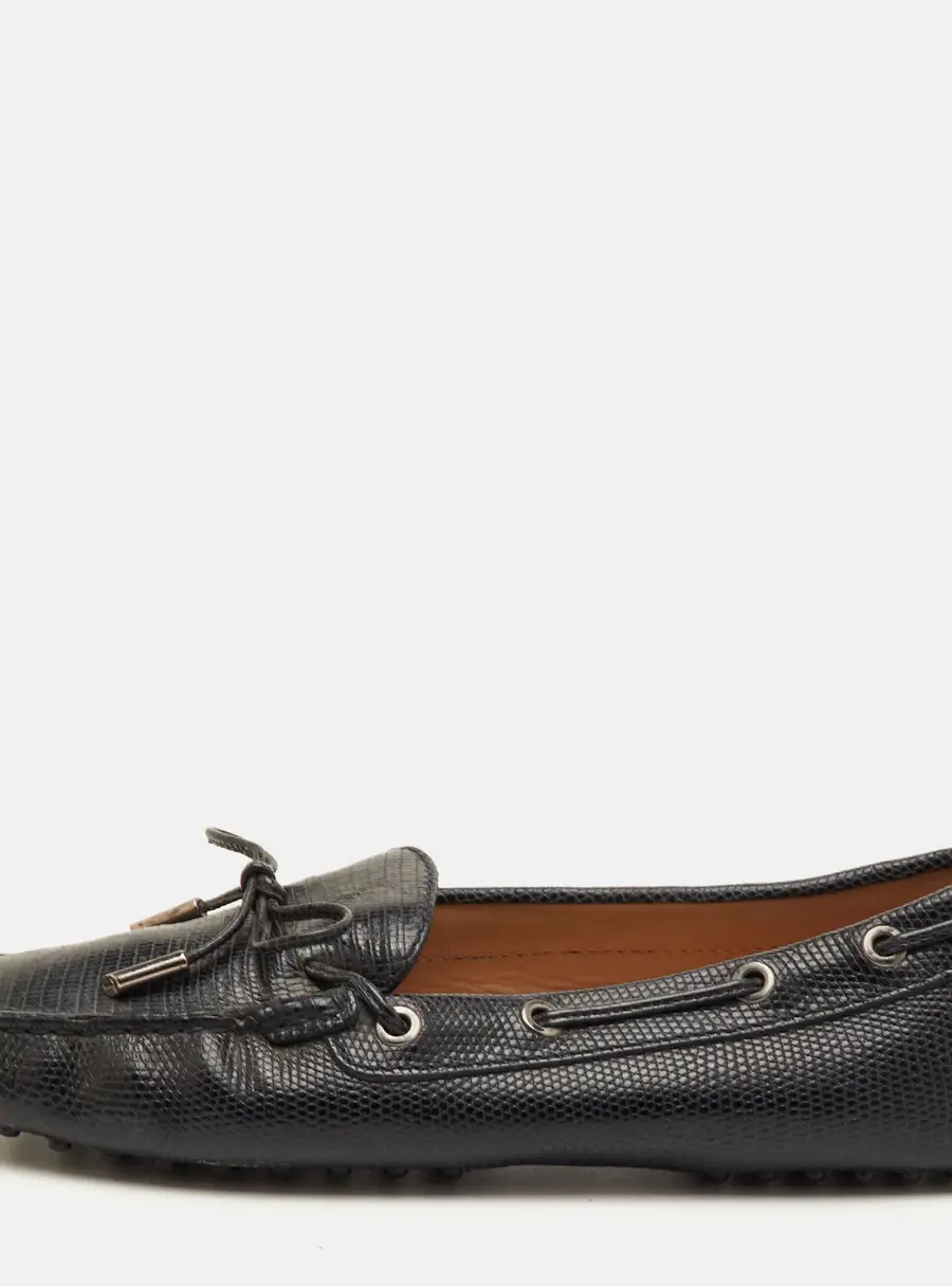 Tod's Size 39 Black Lizard Embossed Leather Slip On Loafers
