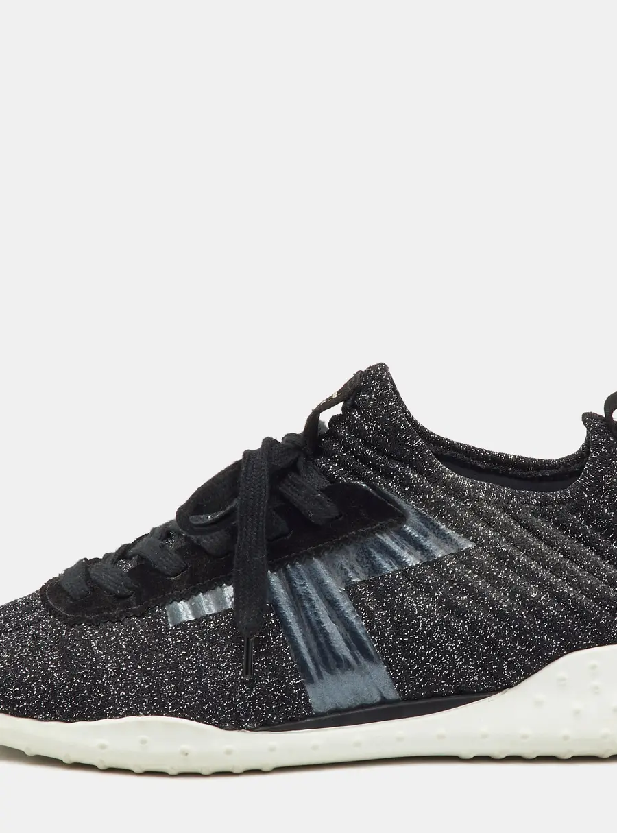 Tod's Metallic Black Lurex Fabric and Suede T Print Sneakers Size 36