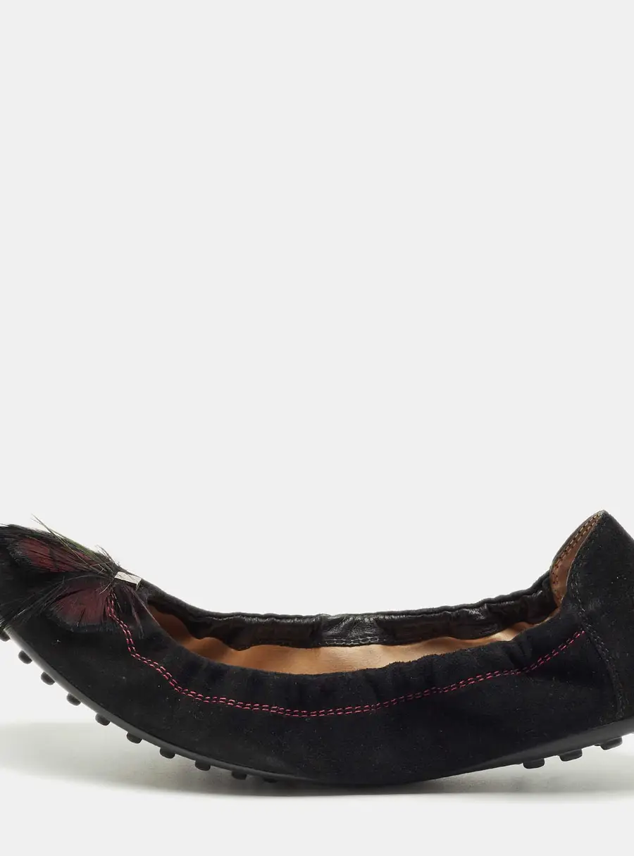 Tod's Black Suede Scrunch Feather Embellish Ballet Flats Size 39