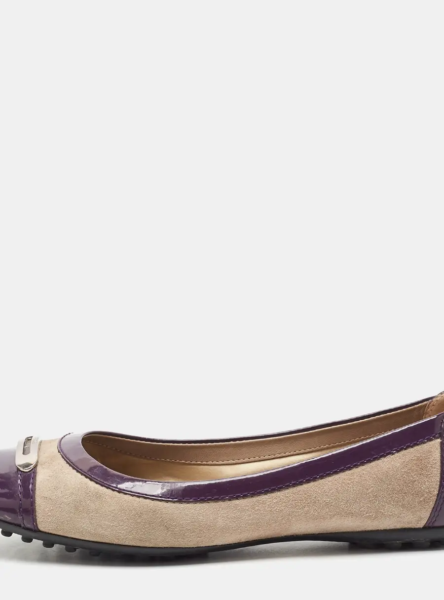 Tod's Size 36.5 Purple/Beige Patent Leather and Suede Ballet Flats