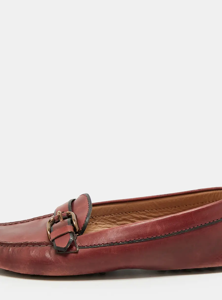 Tod's Buckle Accented Size 37 Burgundy Leather Driver Loafers