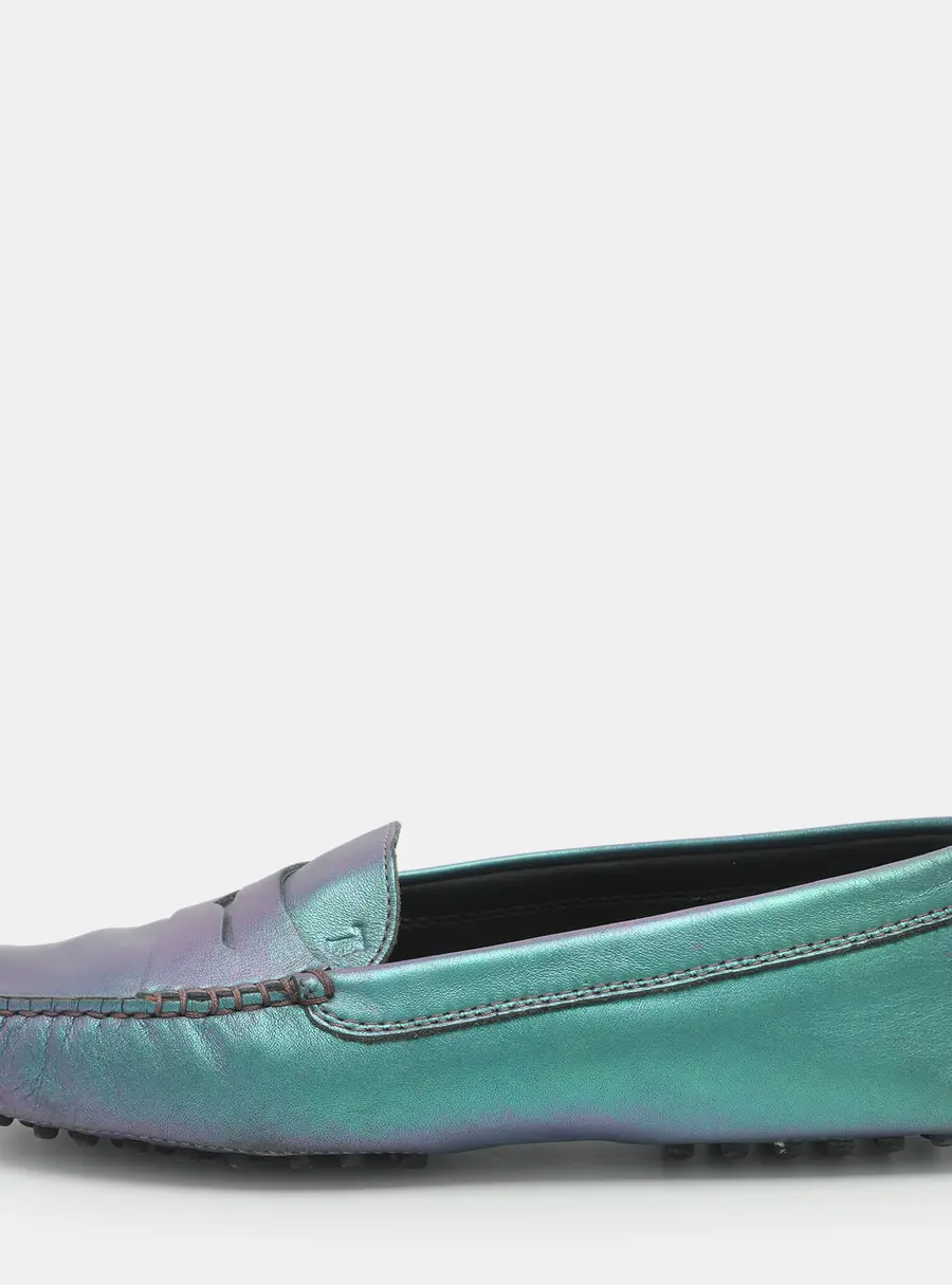 Tod's Penny Size 38 Blue Iridescent Leather Loafers