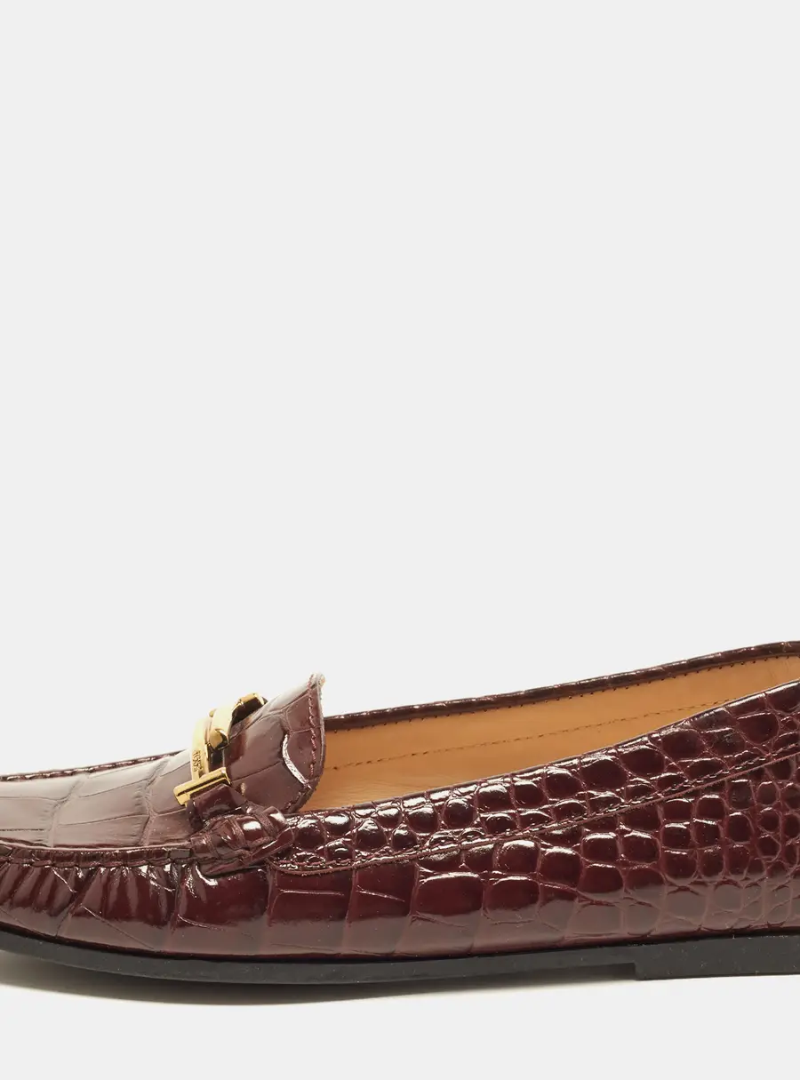 Tod's Double T Size 36.5 Burgundy Croc Embossed Leather Driver Loafers
