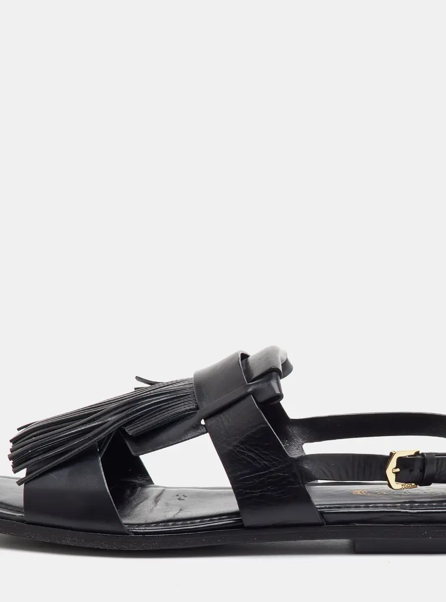 Tod's Size 40 Black Leather Fringe Detail Slingback Flat Sandals