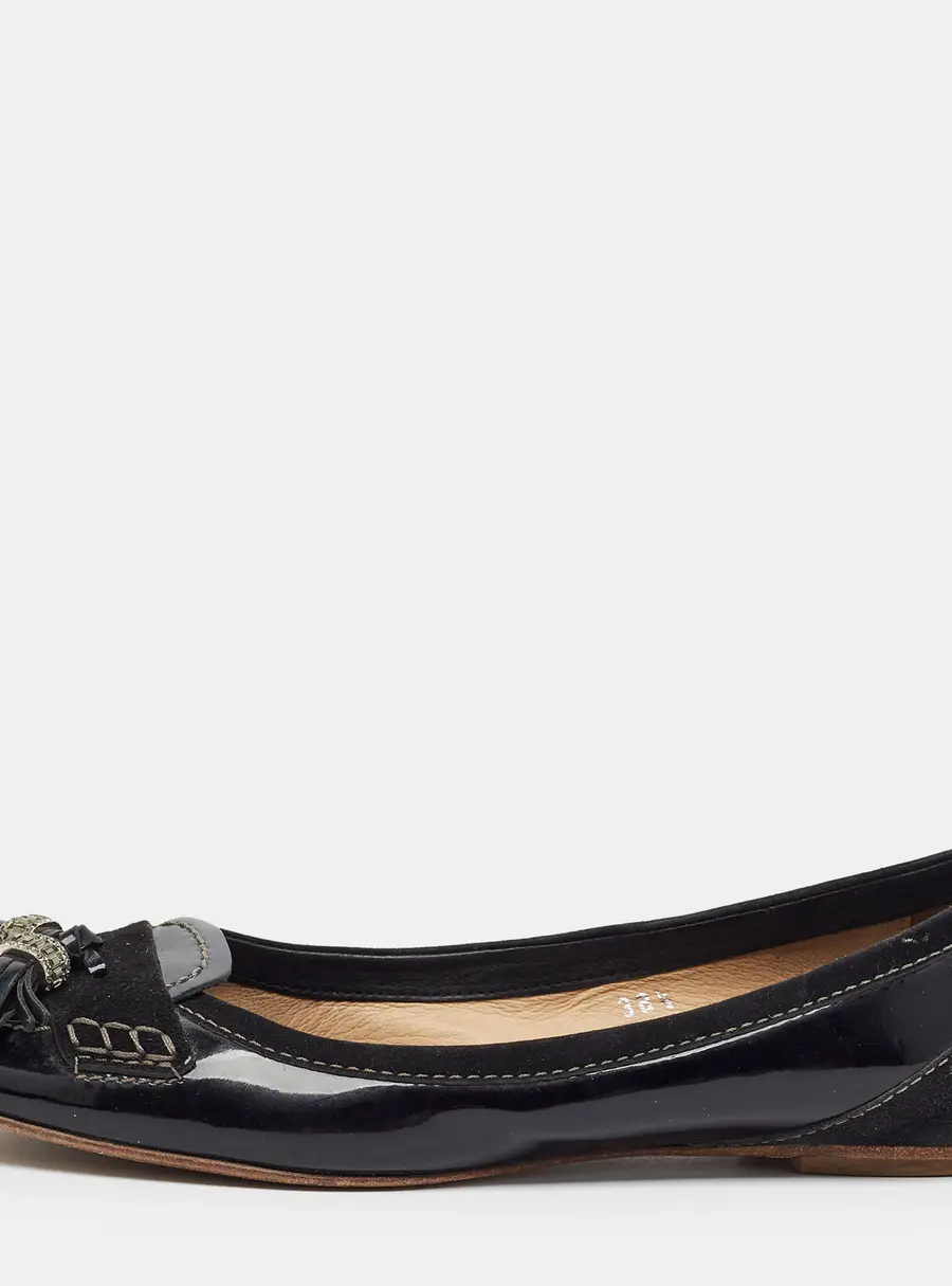 Tod's Size 38.5 Black Patent Leather and Suede Tassel Ballet Flats