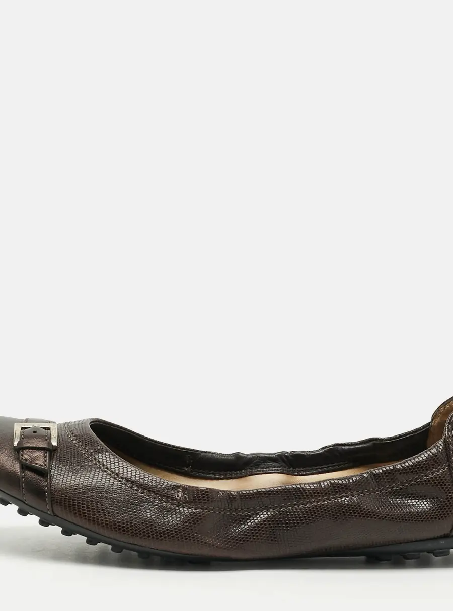 Tod's Size 37.5 Brown Leather and Lizard Embossed Leather Scrunch Ballet Flats