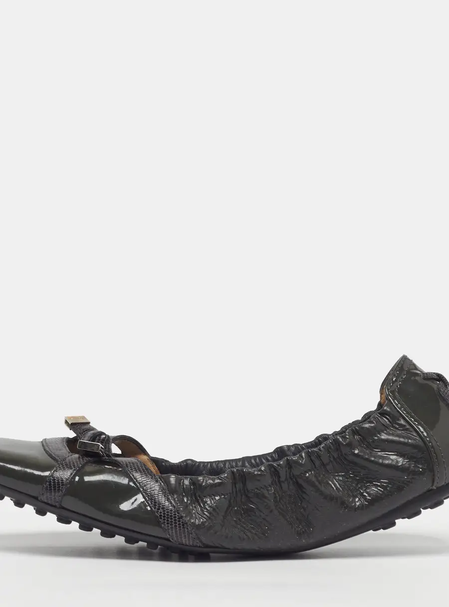 Tod's Size 37.5 Dark Green Lizard Embossed Leather and Patent Leather Scrunch Bow Ballet Flats