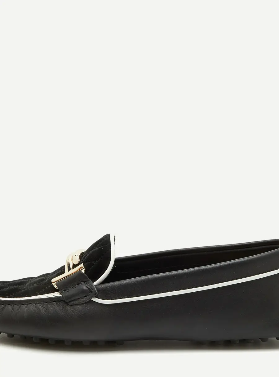 Tod's Double T Size 38.5 Black Leather and Quilted Velvet Slip On Loafers