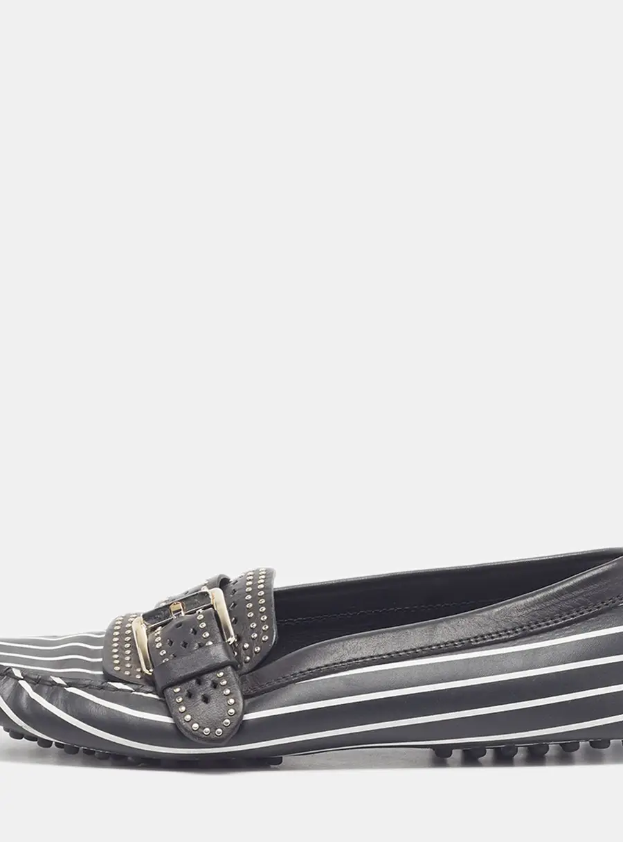 Tod's Size 38.5 Black Leather Stripe Printed Studded Buckle Loafers