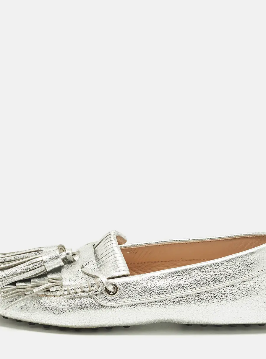 Tod's Gommino Size 37 Silver Leather Tassel Penny Loafers