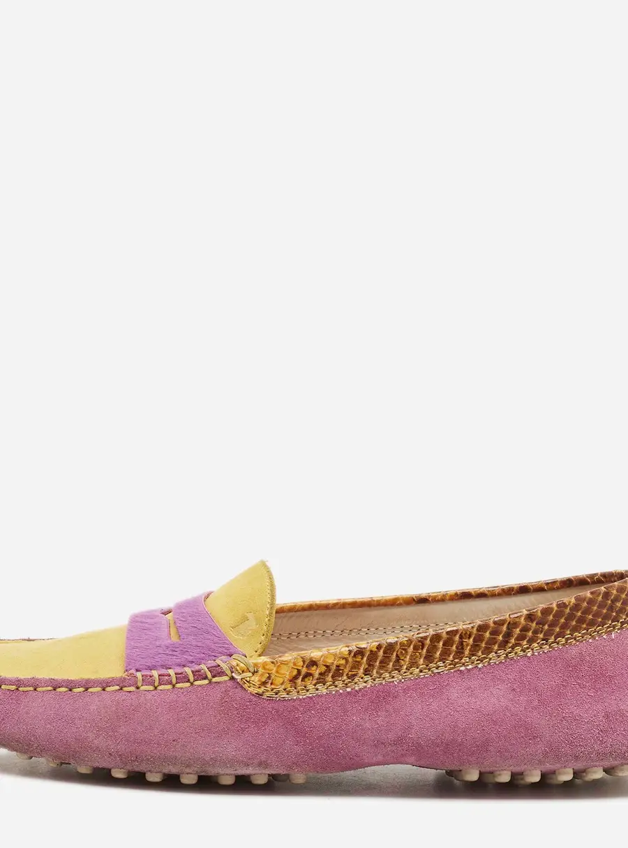 Tod's Size 36.5 Purple/Yellow Suede And Python Leather Loafers
