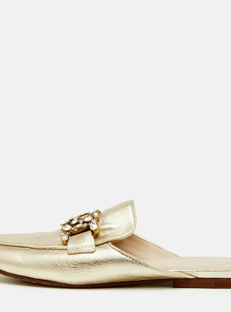 Tod's Kate Size 38.5 Gold Metallic Leather Crystal Embellished Flat Mules