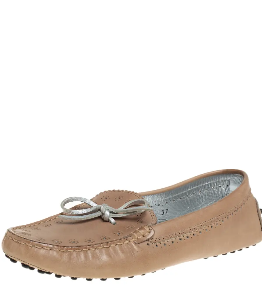 Tod's Beige Perforated Leather Bow Loafers Size 37