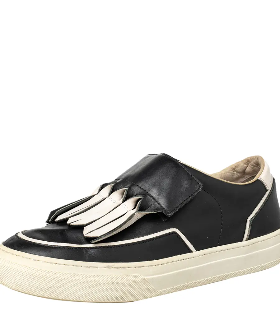 Tod's Black/White Leather Fringe Detail Slip On Sneakers Size 37
