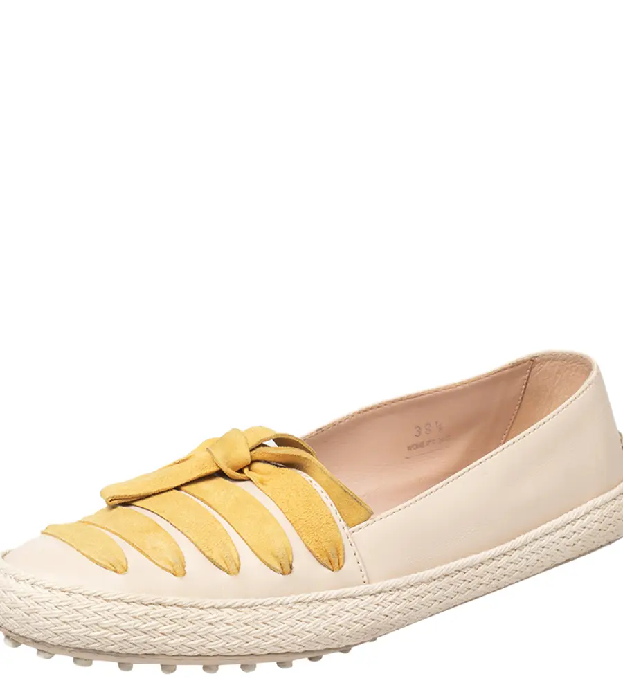 Tod's Beige/Yellow Leather And Suede Bow Espadrille Flats Size 39.5