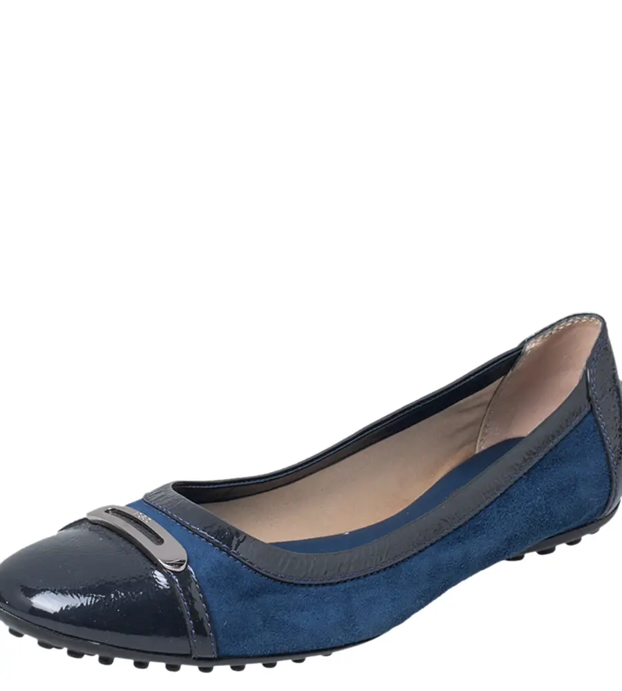Tod's Blue Suede And Patent Leather Embellished Cap Toe Ballet Flats Size 38