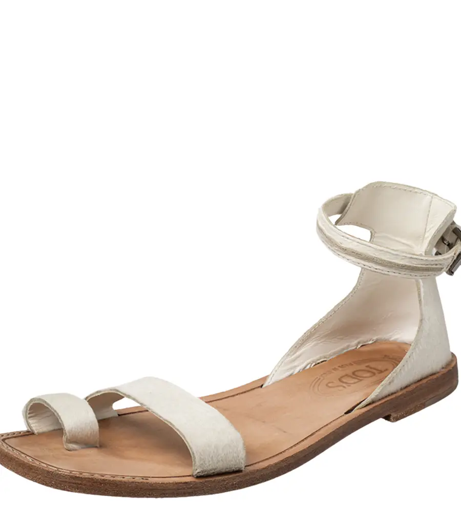 Tod's White Calf Hair Ankle Strap Sandals Size 38.5