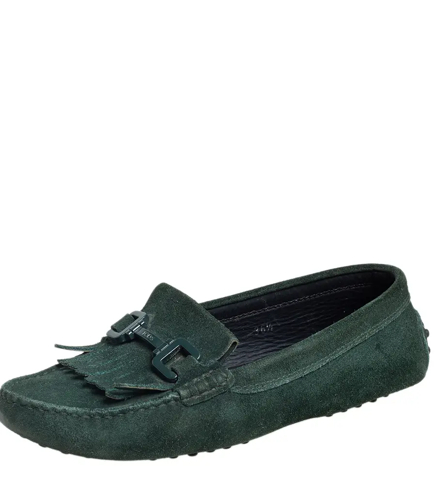 Tod's Green Suede Fringe Slip On Loafers Size 36.5