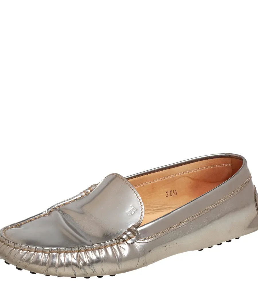 Tod's Size 36.5 Silver Patent Leather Loafers & Moccasins