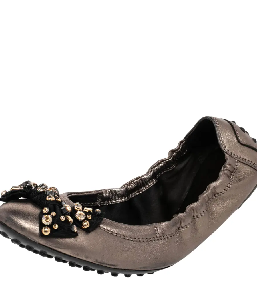 Tod's Grey Leather Crystal Embellished Bow Ballet Flats Size 37.5