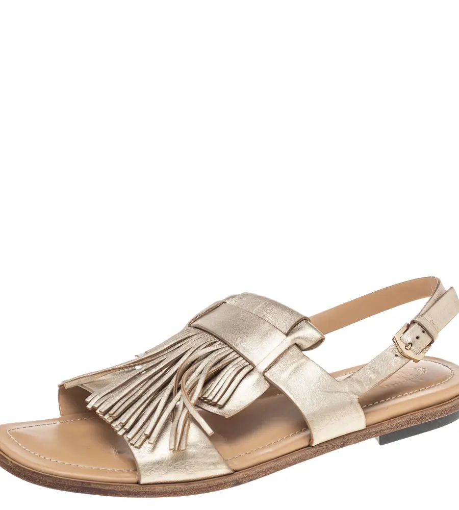 Tod's Metallic Gold Leather Fringe Slingback Flat Sandals Size 37