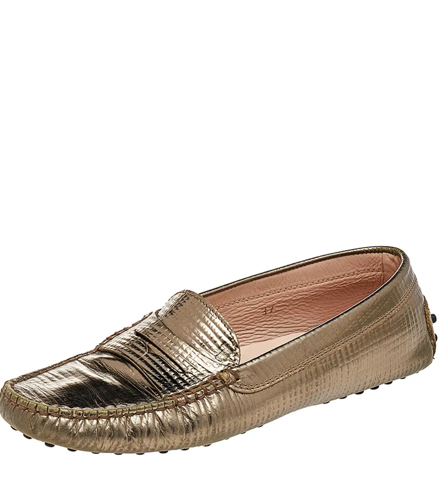 Tod's Metallic Bronze Lizard Embossed Leather Penny Loafers Size 37