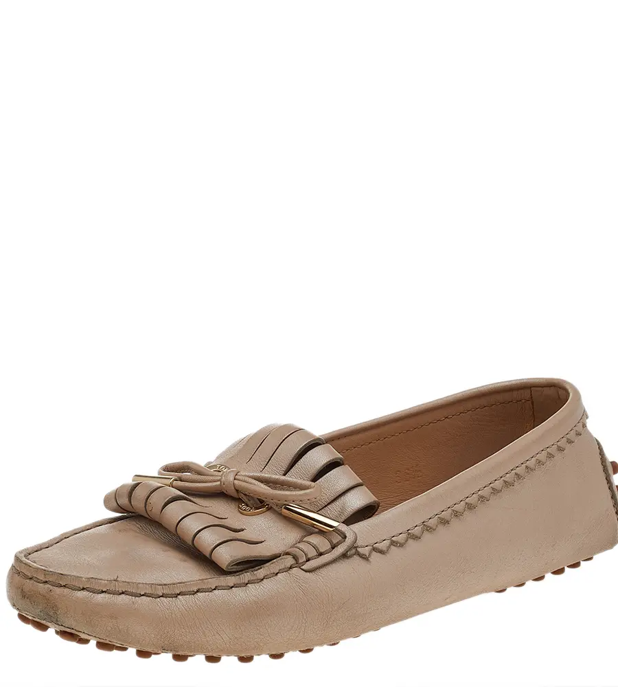 Tod's Beige Leather Fringe Slip on Loafers Size 36.5