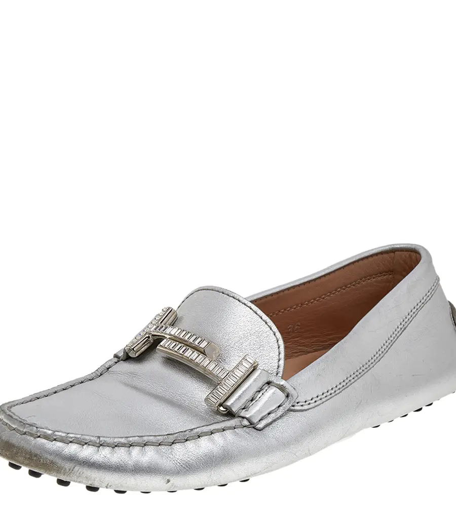 Tod's Silver Leather Slip on Loafers Size 36