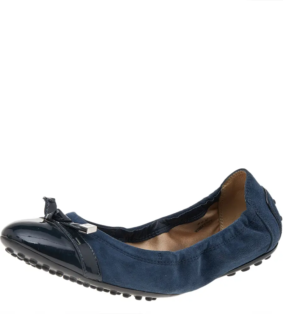 Tod's Navy Blue Suede And Patent Leather Trim Toe Cap Scrunch Ballet Flats Size 36.5