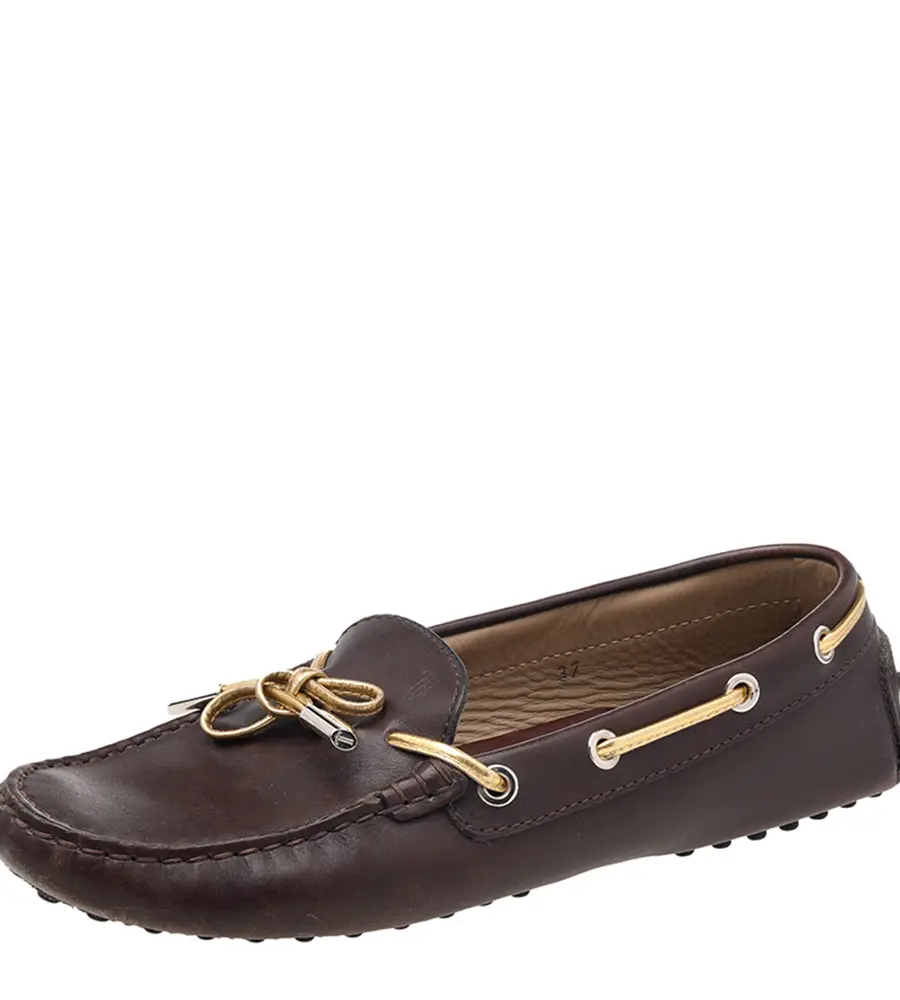 Tod's Brown/Gold Leather Bow Slip On Loafers Size 37