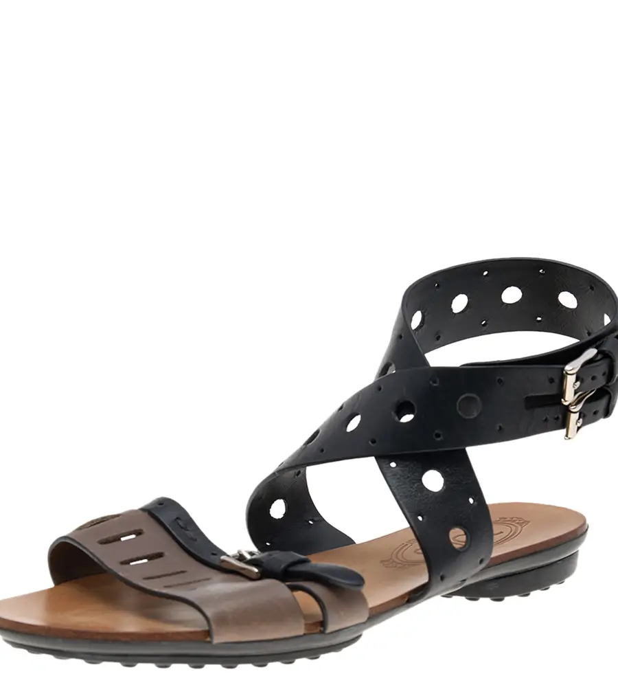 Tod's Black/Grey Leather Flat Sandals Size 36