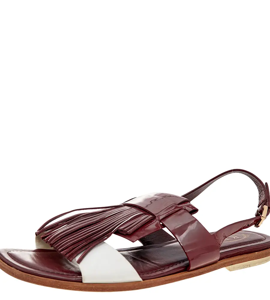 Tod's Burgundy/White Patent Leather And Leather Fringe Flat Sandals Size 38.5