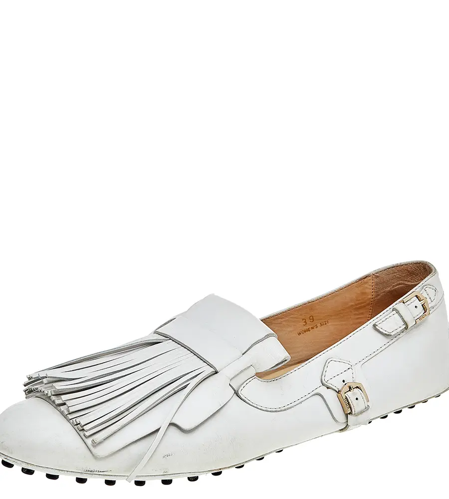 Tod's White Leather Fringe Slip on Loafers Size 39