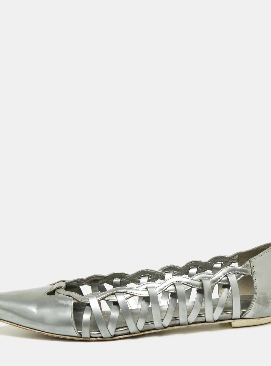 Tod's Grey Patent Leather Braided Detailed Pointed Toe Ballet Flats Size 39.5