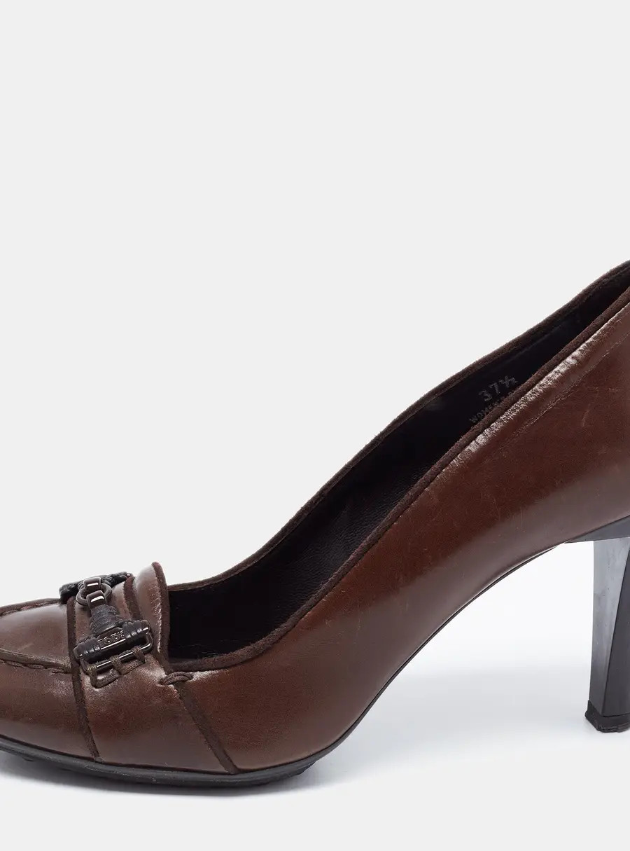Tod's Dark Brown Leather Double T Loafer Pumps Size 37.5