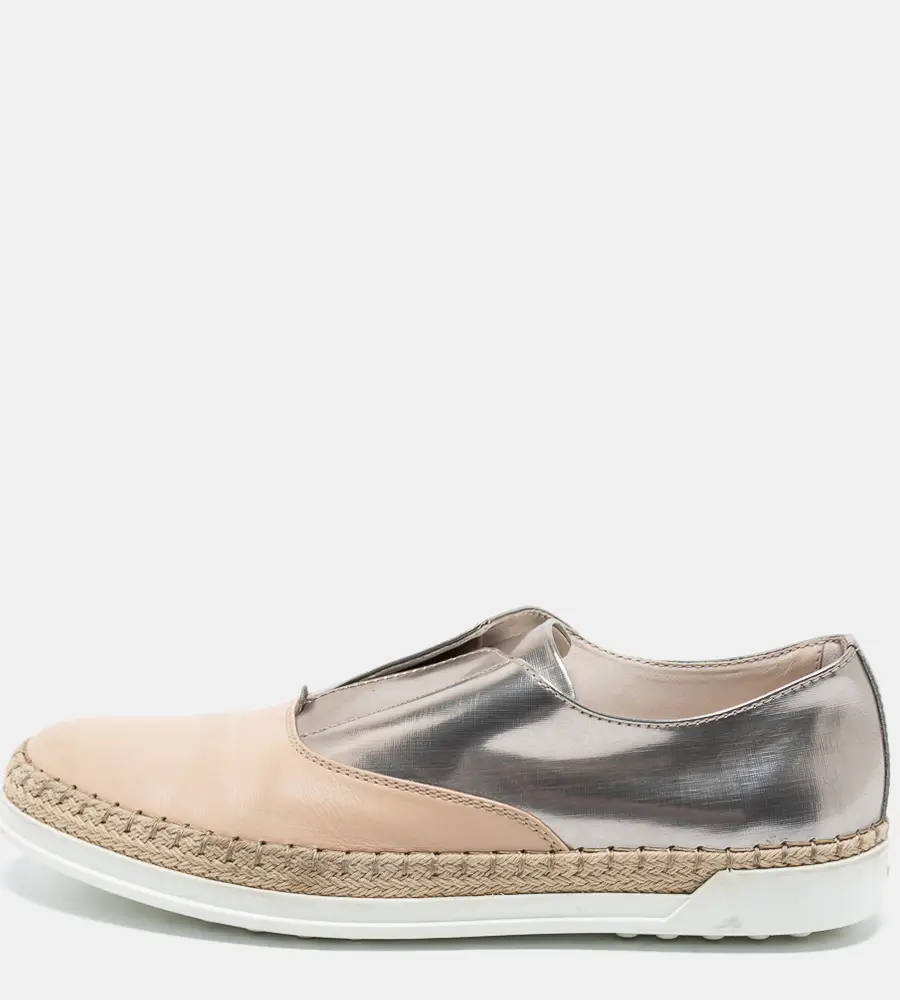 Tod's Silver and Beige Patent and Leather Francesina Slip On Espadrille Sneakers Size 35.5