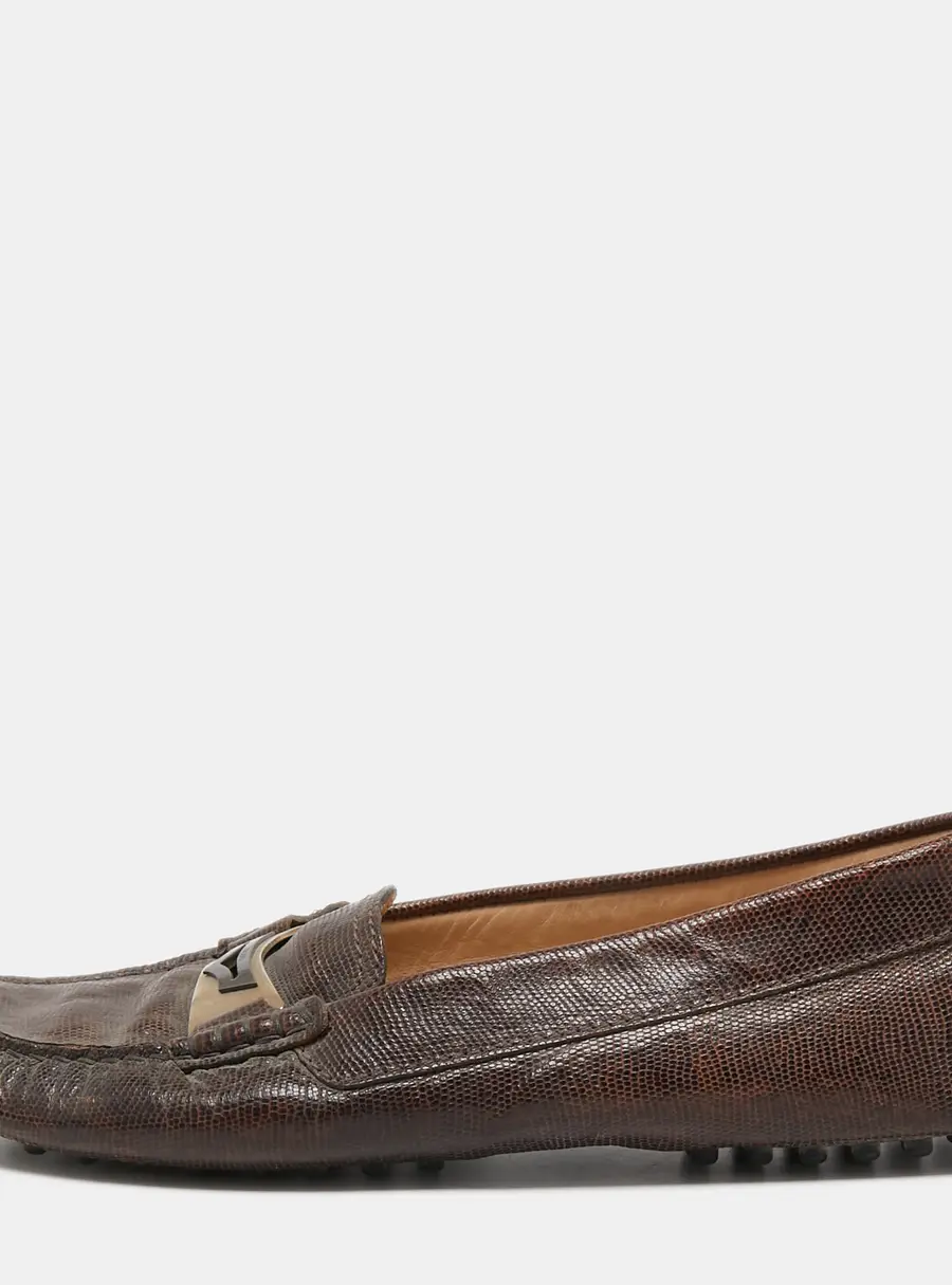 Tod's Dark Brown Lizard Embossed Leather Driver Loafers Size 37.5