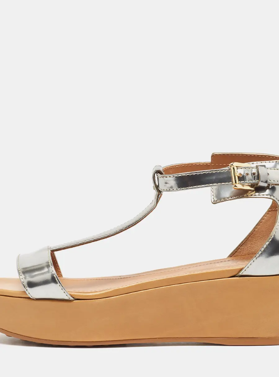 Tod's Sliver Leather Wedge Ankle Strap Sandals Size 39