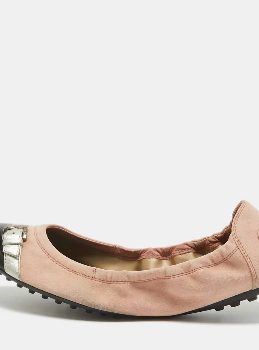 Tod's Pink Suede and Patent Leather Buckle Detail Scrunch Ballet Flats Size 39.5