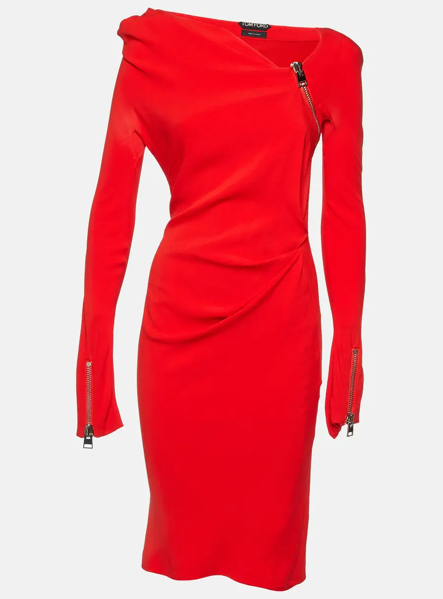 Tom Ford Red Silk Draped Zip Detail Short Dress S