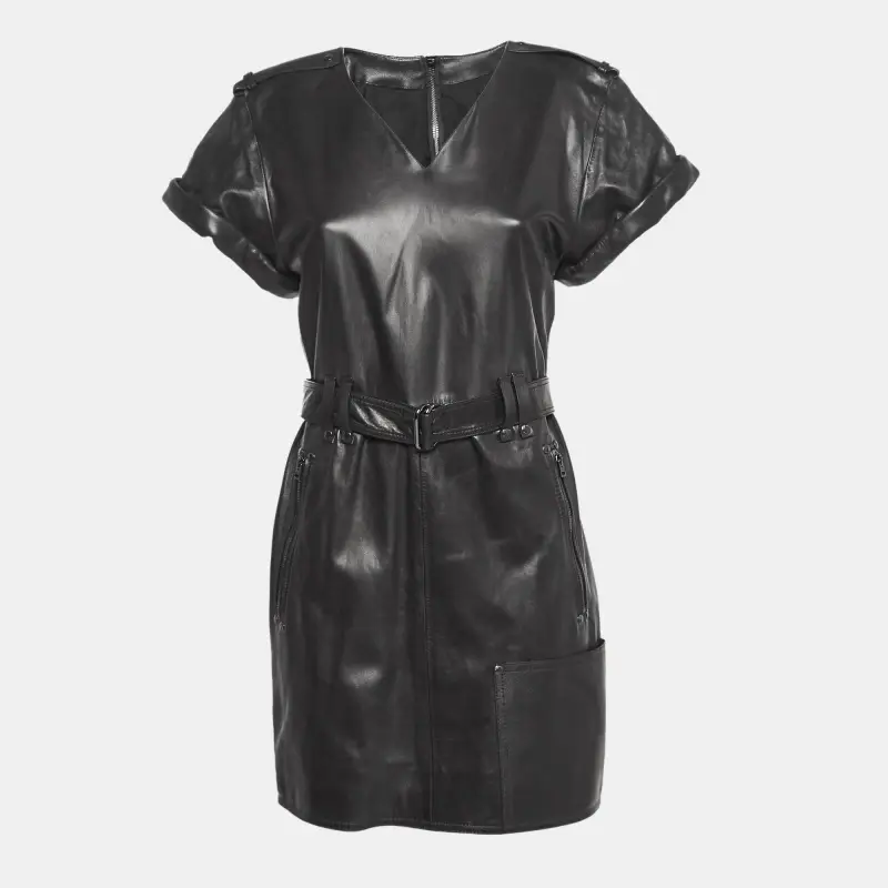 Tom Ford Black Leather V-Neck Belted Mini Dress M