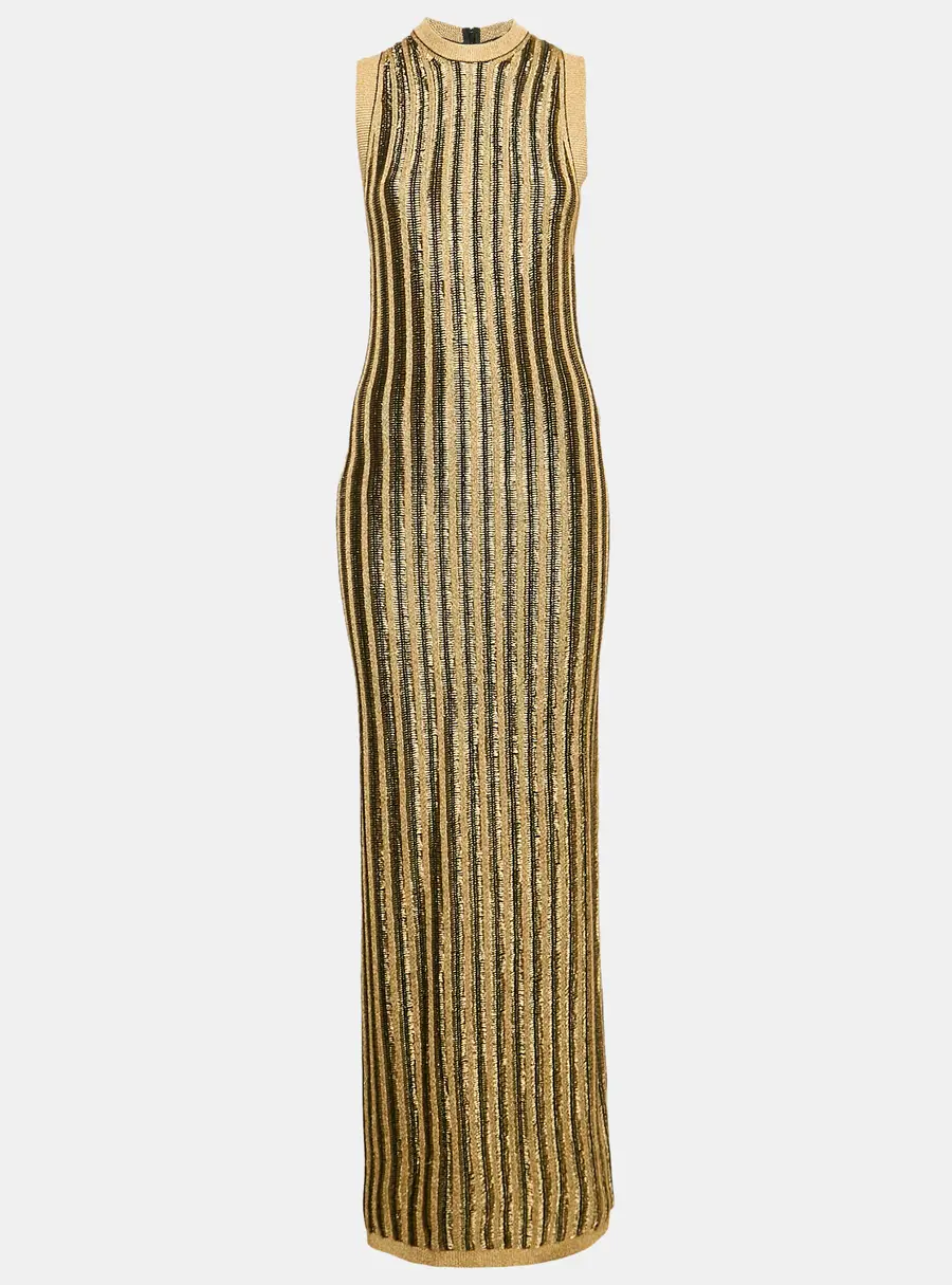 Tom Ford Black/Gold Lurex Slinky Rib Knit Crewneck Maxi Dress XS