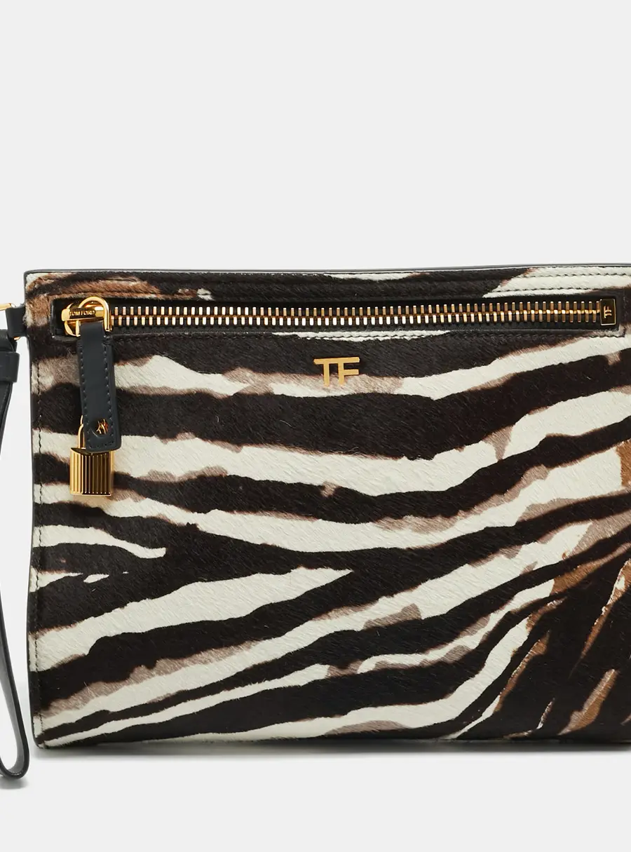 Tom Ford Alix Black/Brown Zebra Print Calfhair and Leather Wristlet Clutch
